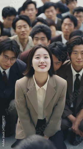 Young Asian businesswoman smiling at a group of people