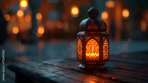 Arabic lantern with burning candle on wooden table outdoors. Ramadan Kareem background