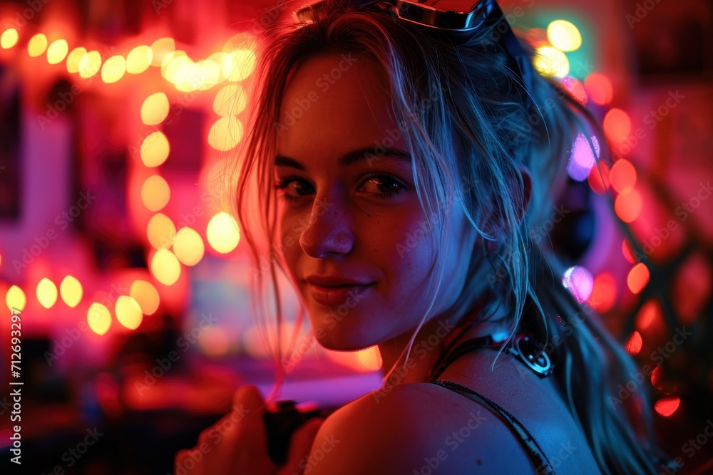 Portrait of a young streamer girl in neon light Portrait of a young streamer girl in neon light