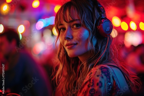 Portrait of a young streamer girl wearing headphones in neon light