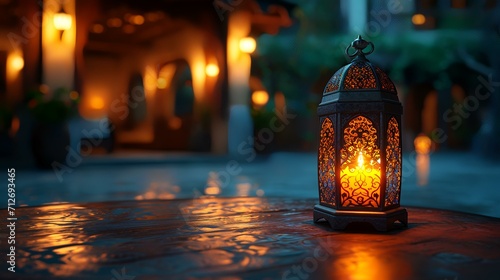 Arabic lantern with burning candle on wooden table outdoors. Ramadan Kareem background