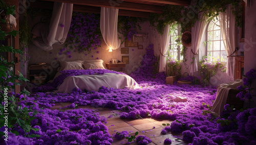 romantic bedroom with purple roses covering the floor in Valentine s Day style