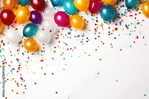 Colorful balloons confetti ribbon with anniversary and birthday festive decoration on white Background