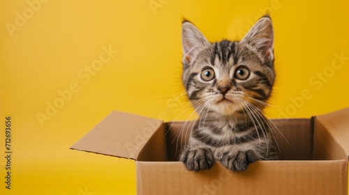 domestic gray tabby kitten sits in an open cardboard box on a yellow background surprise 