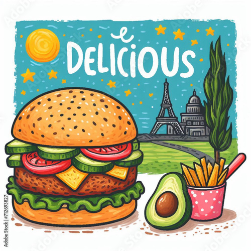 Burger sandwich cartoon vector design colorful illustration hamburger background drawing art child painting AI generated