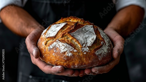 Fresh rye bread in the hands of a baker, close up, realistic image on the dark background 