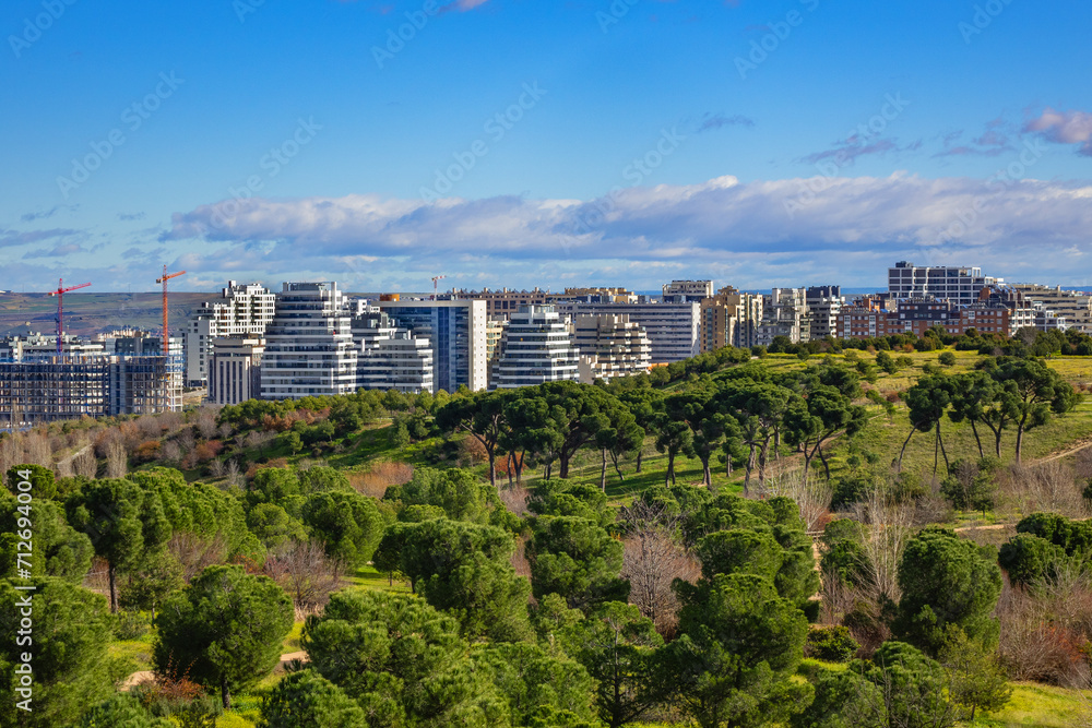 Obraz premium Landscape of Public Felipe VI Park or Valdebebas Forest Park - Madrid’s biggest urban park (340 hectares). Madrid, Spain.