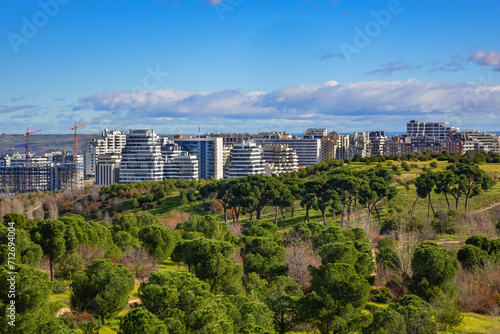 Landscape of Public Felipe VI Park or Valdebebas Forest Park - Madrid’s biggest urban park (340 hectares). Madrid, Spain.