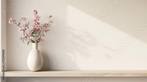 Home mockup, flower in vase on shelf, blank wall mockup, 3d render 
