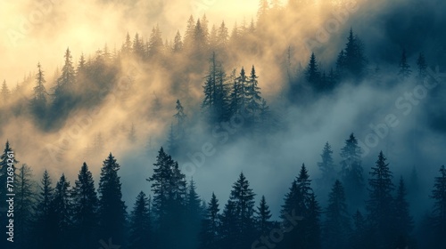 Foggy Mountain Landscape With Trees in Foreground