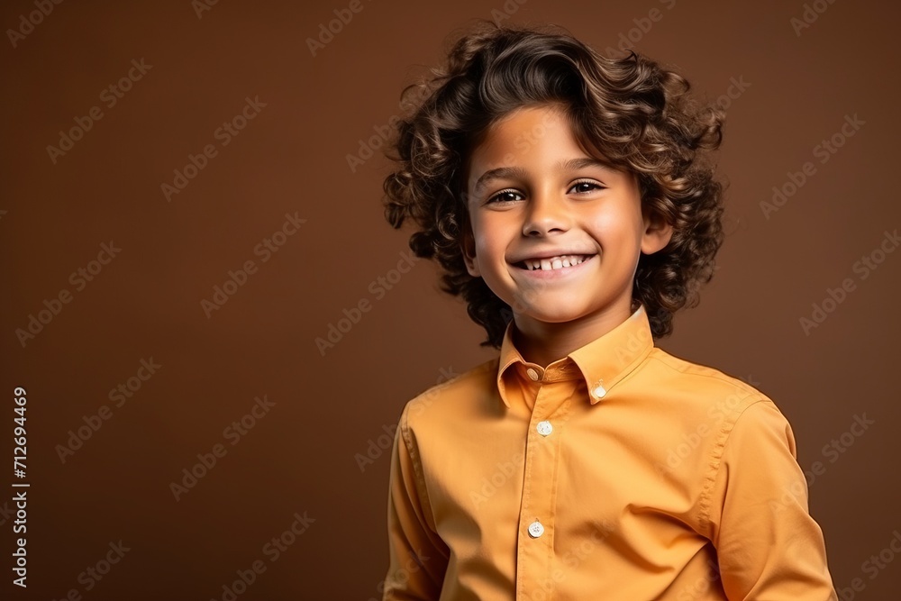 Portrait of a smiling little boy with curly hair against brown background Portrait of a smiling little boy with curly hair against brown background