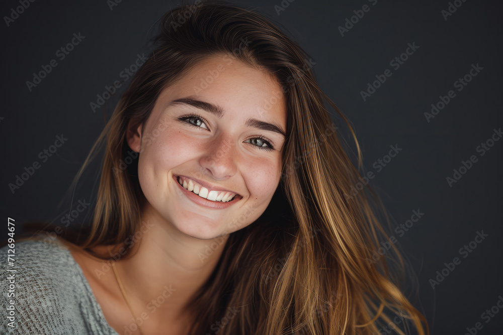 A woman with long hair is smiling for the camera A woman with long hair is smiling for the camera