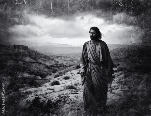 Jesus walks in the desert to be tempted by the devil, photo montage style artwork, from the bible times, Jewish man and clothing