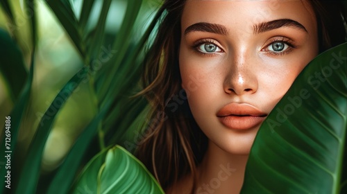 Natural beauty. Beautiful young woman portrait with fresh green exotic tropical leafs. Organic cosmetic. 