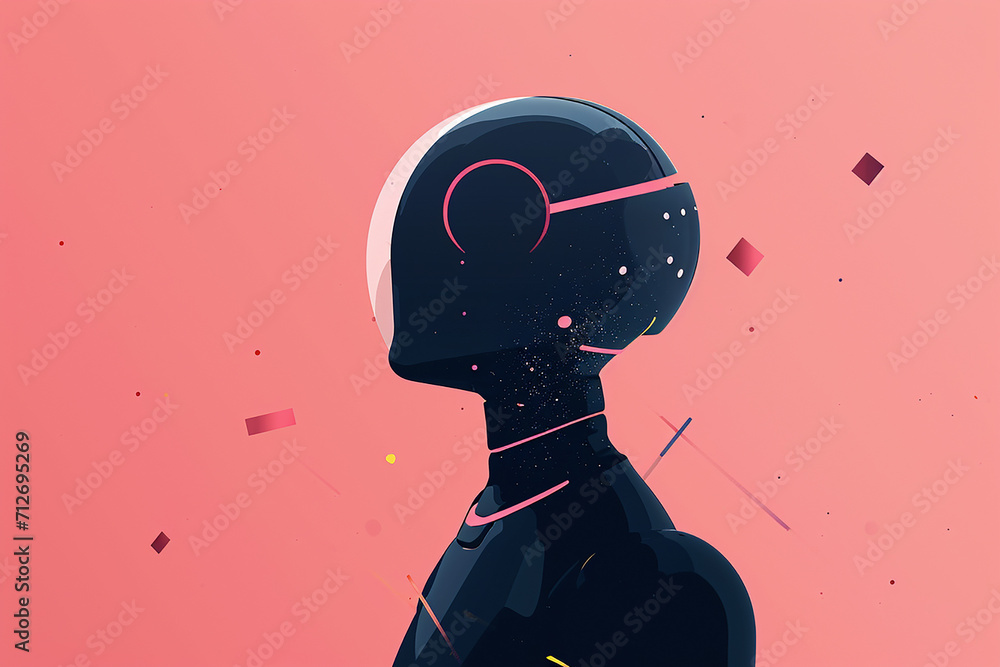 profile of a humanoid with a cosmic-themed head, advance AI, robotic entity. Set against a coral pink background with geometric shapes floating around, the figure exudes a modern, minimalist vibe profile of a humanoid with a cosmic-themed head, advance AI, robotic entity. Set against a coral pink background with geometric shapes floating around, the figure exudes a modern, minimalist vibe