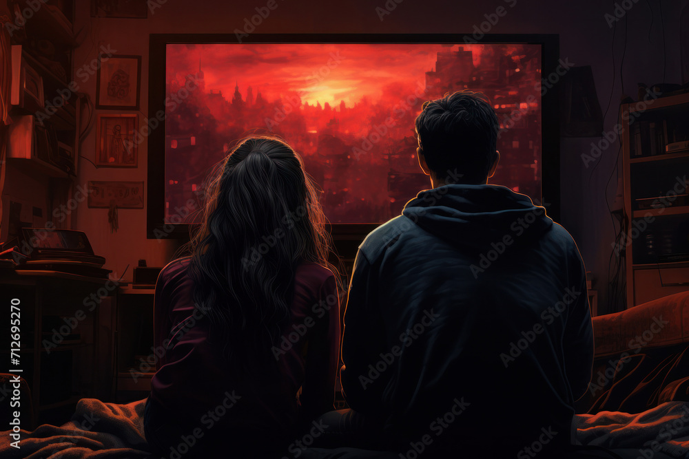 A couple enjoys a movie night at home, captivated by the dramatic red hues on the television screen.