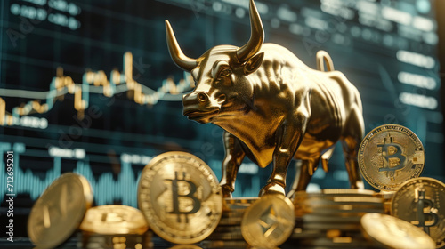 Bull Market in Cryptocurrency: A golden bull statue stands amid scattered Bitcoin and Ethereum coins photo