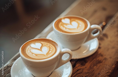 a photo of two latte cups shown in a coffee shop 