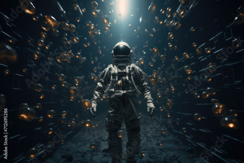 Cosmic Dance: An astronaut is suspended in space amidst a constellation of glowing orbs, creating a surreal discotheque of stars.