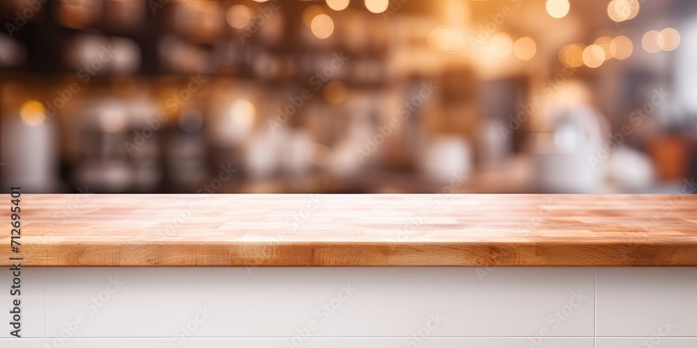 Blurred kitchen background with display counter bar.