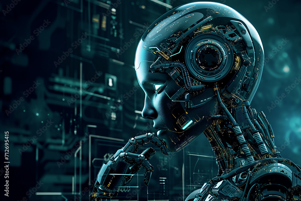 Future of AI robot background, robot with open mechanism looks thoughtfully at screens Future of AI robot background, robot with open mechanism looks thoughtfully at screens