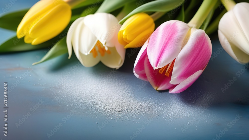 Obraz premium pink and white color tulips flowers bouquet spring floral banner space for text copyspace on grey blue background