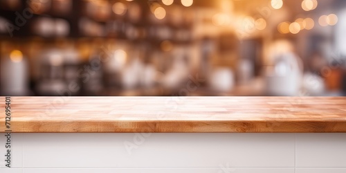 Blurred kitchen background with display counter bar.
