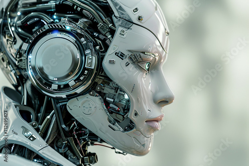 side profile of an advanced humanoid robot with a partially exposed head, human-like features with futuristic technology, artificial intelligence, the future of robotics, or technological innovation