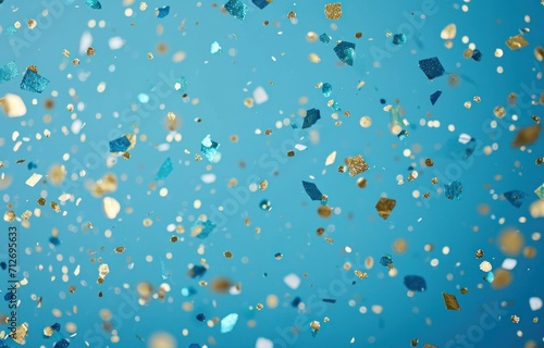 a blue background with blue, gold and silver glitter