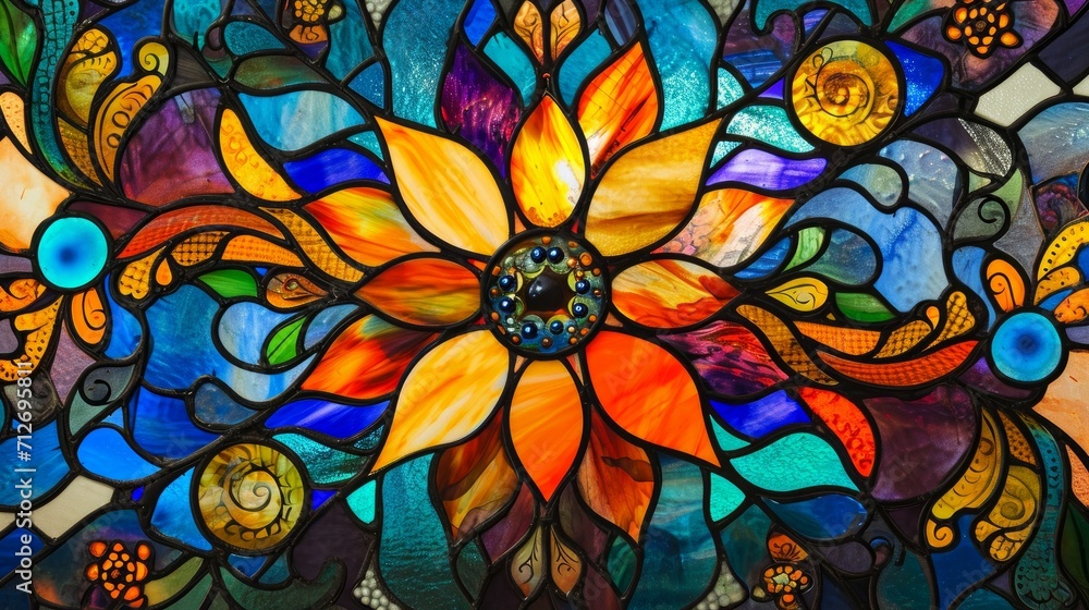 Stained glass window vibrant colors, intricate design     