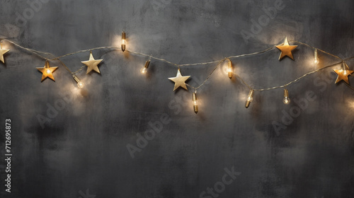 Hanging gold christmas stars and light on light gray background generative ai © CloudGraphic