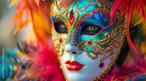 Venetian female mask in vibrant colors. Festival and entertainment concept 