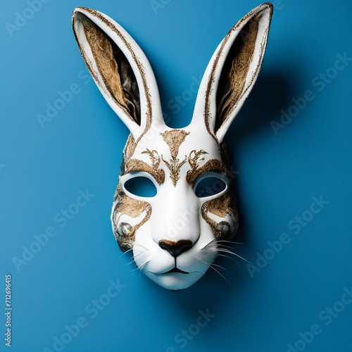 Beautiful hare mask on a blue background in the middle.