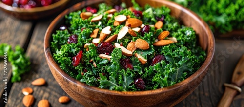 Nutritious kale salad with almonds and cranberries. photo