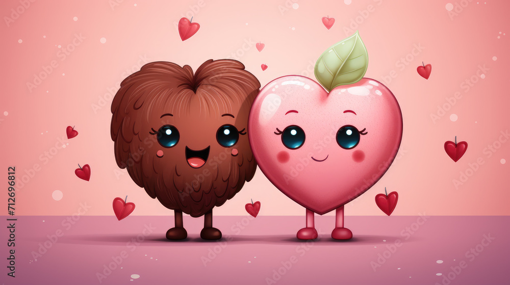 Two Cartoon Hearts Smiling Together in a Romantic Scene, Love Story, Brown and Pink
