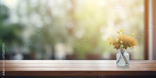 Blurred window in a home interior with empty space on the table.