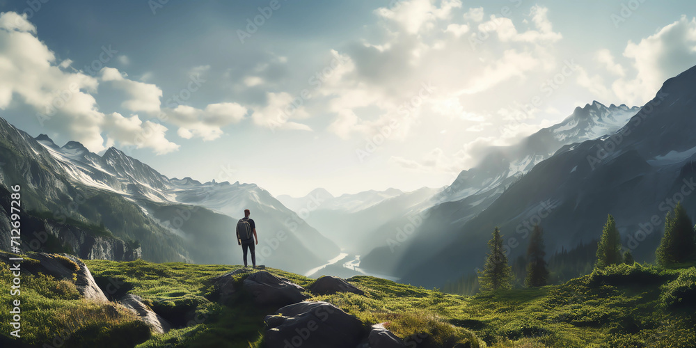  A hooded warrior man stands atop a rugged mountain peak. Lone Warrior in Hood on Cliff