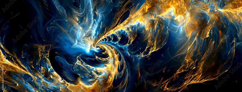 Naklejka premium This is an abstract horizontal image that creates dynamic swirls using dark blue and gold colors, evoking space or sea motifs. Can be used in interior design or web design.