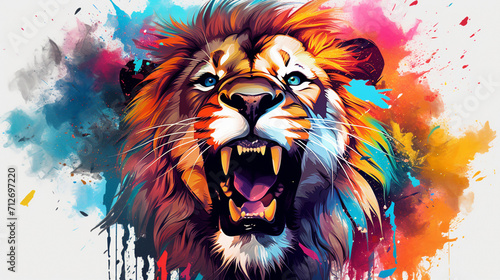 realistic Angry Lion face zoo park Vector Artwork, Lion king , splash smoke rainbow background  , Generate AI photo