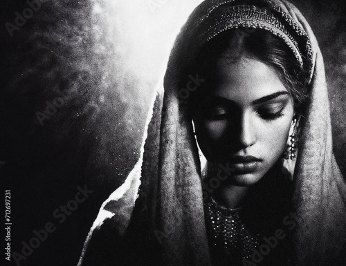 Beautiful Jewish woman girl from the bible / Torah times, princess Esther or Rebecca, Rachel or Mary Magdalene - dramatic cinematic black and white portrait illustration photo