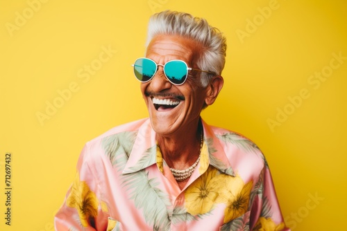 Portrait of happy senior man in sunglasses on a yellow background.