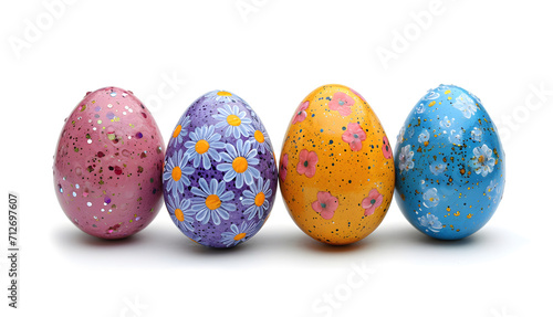 Several colorful easter eggs decorated with vibrant floral patterns placed in row lined up isolated on white background