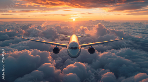 Commercial airplane flying above clouds in dramatic sunset light. High resolution of image. Fast Travel and transportation concept photo