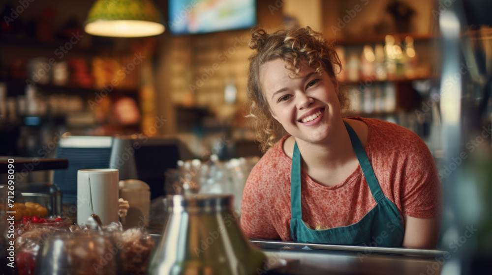 Closeup portrait of a smiling coffee shop female employee with Down syndrome on a blurred cafe interior background Closeup portrait of a smiling coffee shop female employee with Down syndrome on a blurred cafe interior background
