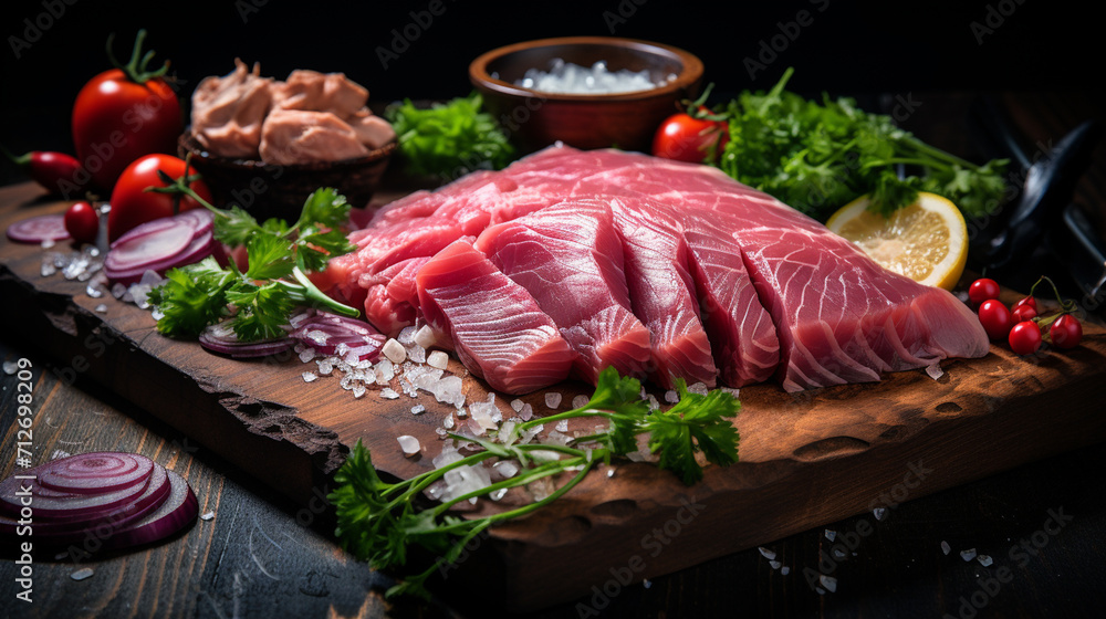 pieces of tuna fish, sashimi on wooden cutting board, fresh, Generate AI