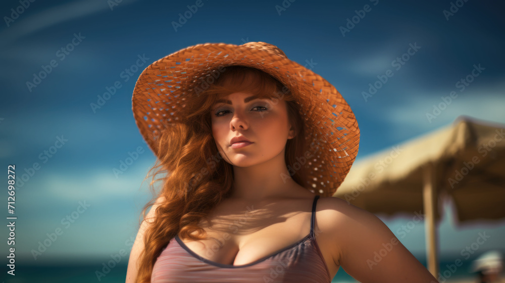 Beautiful confident chubby woman wearing swimsuit and hat on the beach at sunny summer day