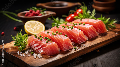 pieces of tuna fish, sashimi on wooden cutting board, fresh, Generate AI