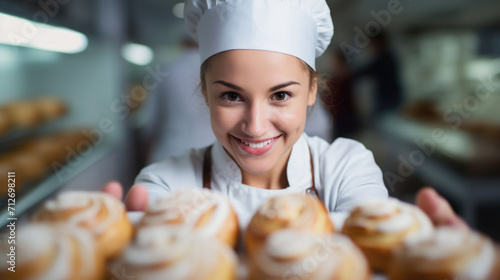 Closeup woman baker taking from the oven tray of fresh baked pastry on a blurred bakehouse background