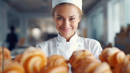 Closeup woman baker taking from the oven tray of fresh baked pastry on a blurred bakehouse background photo