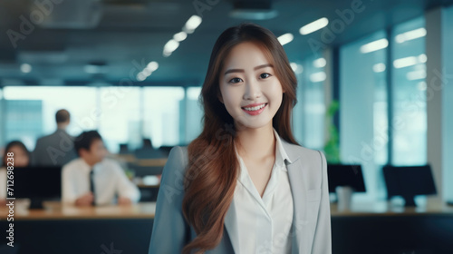 Closeup portrait of an Asian business woman in suit standing in the office room and looking at a camera